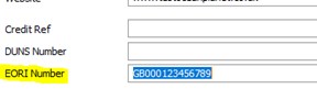 Company EORI number field in Sage 50
