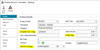 Sage 50 product record showing tariff code, weight and country of origin fields