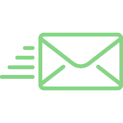 Green icon of an envelope with speed lines to represent an email.