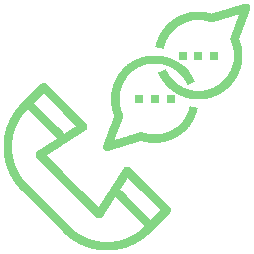 Green icon showing a telephone handset with two speech bubbles to represent a remote telephone support call.