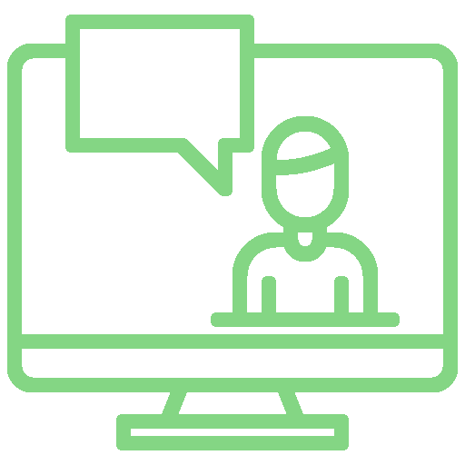 Icon showing a computer screen with a user on it and a speech bubble to represent a remote video call via Zoom.